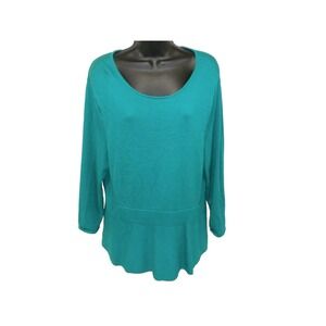 Talbots Top XL Green Knit Round Neck 3/4 Sleeve Ribbed Peplum Waist‎ Pullover